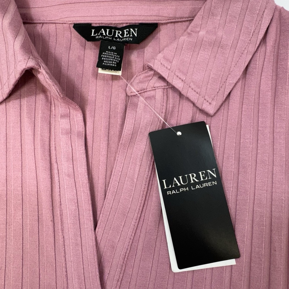 Lauren Ralph Lauren Rose Muave Ribbed Polo Blouse Preppy Office Womens Large NEW - Picture 7 of 13